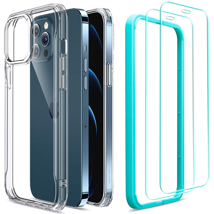 ESR iPhone 12 Pro Max Sidekick Case Clear + Tempered Glass (2-Pack With Easy Installation Frame)