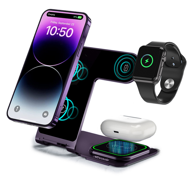 Azeada 3 in 1 Metal Wireless Charging Station Purple 15W (PD-W19)