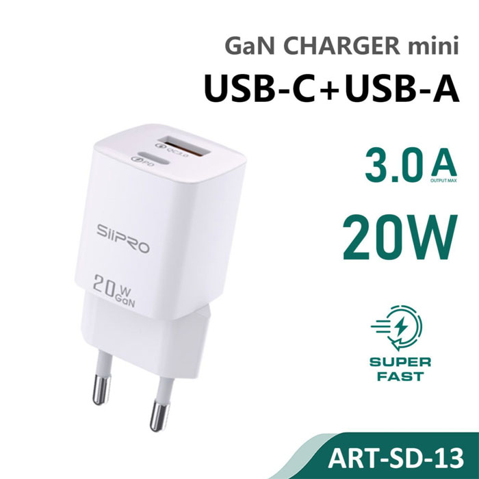 Siipro Wall Charger 1x USB 1x USB Type-C 20W GaN White (SD-13)