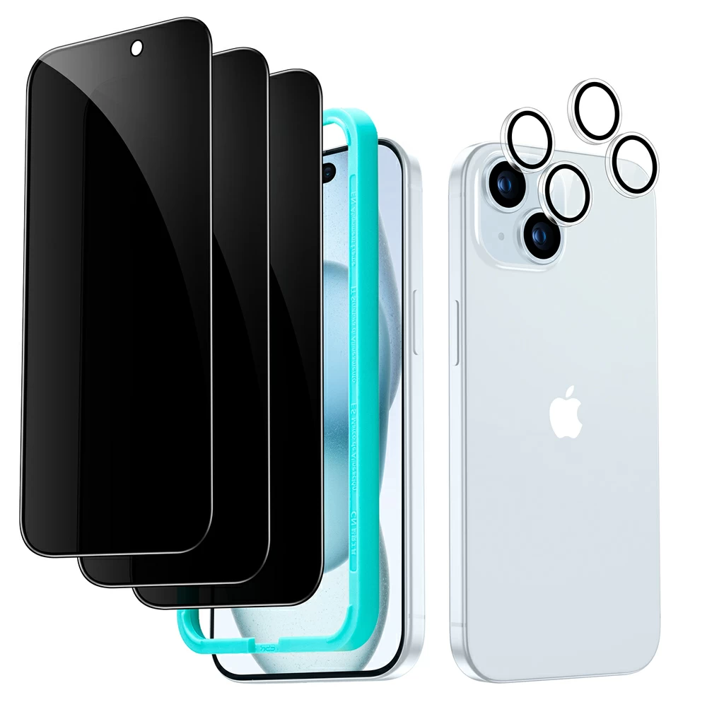 (3+2) ESR Full Cover Privacy Tempered Glass + Armorite Camera Lens Clear iPhone 15 (With Easy Installation Kit)